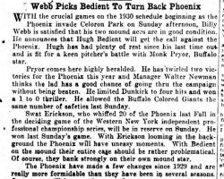 Webb Picks Bedient To Turn Back Phoenix. <em>Jamestown Evening Journal</em>, June 5, 1930. Webb Picks Bedient To Turn Back Phoenix. June 5, 1930.