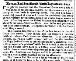 Havana Red Sox Should Thrill Jamestown Fans. <em>Jamestown Evening Journal</em>, July 19, 1930. Havana Red Sox Should Thrill Jamestown Fans. July 19, 1930.