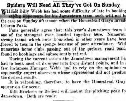Spiders Will Need All They've Got On Sunday. <em>Jamestown Evening Journal</em>, August 20, 1930. Spiders Will Need All They've Got On Sunday. August 20, 1930.