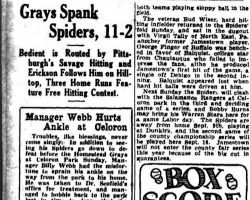 Gray's Spank Spiders, 11-2. <em>Jamestown Evening Journal</em>, August 27, 1928. Gray's Spank Spiders, 11-2. August 27, 1928.