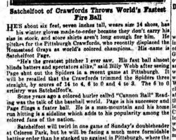 Satchelfoot of Crawford Throws World's Fastest Fire Ball. <em>Jamestown Evening Journal</em>, August 5, 1932. Satchelfoot of Crawford Throws World's Fastest Fire Ball. August 5, 1932.