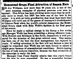 Homestead Grays Final Attraction of Season Here . <em>Jamestown Evening Journal</em>, September 7, 1929. Homestead Grays Final Attraction of Season Here . September 7, 1929.