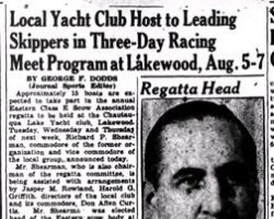 Local Yacht Club Host to Leading Skippers in Three-Day Racing Meet Program at Lakewood, Aug. 5-7. <em>Jamestown Evening Journal</em>, 1941. JEJ-1941