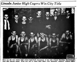 Lincoln Junior High Cagers Win City Title. <em>Jamestown Evening Journal,</em> March 1, 1941. Lincoln Junior High Cagers Win City Title. March 1, 1941.