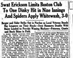 Swat Erickson Limits Boston Club. <em>Jamestown Evening Journal</em>, August 8, 1930. Swat Erickson Limits Boston Club. August 8, 1930.