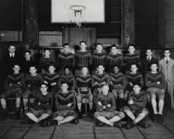 1929 JHS Football team. Back: Coach Denton Moon, Nebral (mgr.), Len Russakow, Thrasher, Rudy Carlson, Hartwell, Lambros, Rappole, Morgan (mgr.), Warren (mgr.).
Middle: Walt Wellman, Meurer, Harold Olson, George Jackson, Roccie Malpede, W. Carlson, Andy Jackson, Hausen, Kohn. Front: Joe Piatz, Tom Gregoris, Fletcher, Sal “Jim” Foti. 1929 JHS Football team