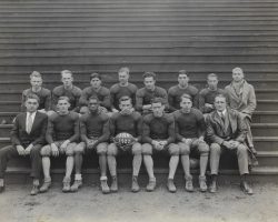 1927 JHS Football team. Back: Virgil Eggleston, Marsh Bergstrom, Sal “Jim” Foti, Mell Burnell, Roy Maurer, George Fot, Rocky Malpede, Allison Olson
Front: Roy Uber, Bill Bjork, Andy Jackson, Howie Wiquist, Dick McVey, Orson Randall, Coach Denton Moon. 1927 JHS Football team