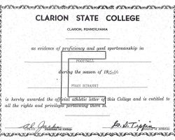 Clarion State College football certificate. 1965-66. Clarion State College football certificate. 1965-66.