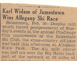 Karl Widam of Jamestown Wins Allegany Ski Race. Newspaper article. Karl Widam of Jamestown Wins Allegany Ski Race.