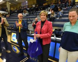 On January 21, 2023 Kay Gould was honored at Allegheny College for her coaching contributions to the school during Allegheny's celebration of the 50th anniversary of Title IX.
left to right:
Matthew Stinson, Allegheny College Vice-President of Institutional Advancement,
Ron Cole, Allegheny College President,
Kay Gould, and
Kelly Muffley, Allegheny women's basketball coach. Kay Gould was honored at Allegheny College for her coaching contributions to the school during Allegheny's celebration of the 50th anniversary of Title IX.