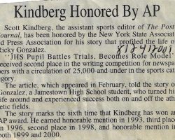 Kindberg Honored By AP. <em>Post-Journal</em> (Jamestown), August 24, 2001. Kindberg Honored By AP. August 24, 2001.