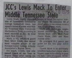 JCC's Lewis Mack To Enter Middle Tennessee State. <em>Post-Journal</em> (Jamestown), April 30, 1975. JCC's Lewis Mack To Enter Middle Tennessee State. April 30, 1975.