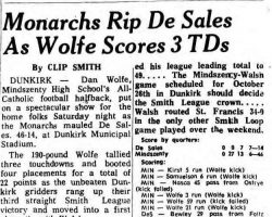 Monarchs Rip De Sales As Wolfe Scores 3 TDs. <em> Lockport Union-Sun & Journal</em>, October 7, 1968. Monarchs Rip De Sales As Wolfe Scores 3 TDs. October 7, 1968.