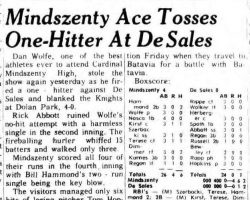 Mindszenty Ace Tosses One-Hitter At DeSales. <em> Lockport Union-Sun & Journal</em>, May 22, 1969. Mindszenty Ace Tosses One-Hitter At DeSales. May 22, 1969.