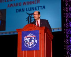 Dan Lunetta accepting the Sheldon "Chief" Bender Award in 2016. Dan Lunetta accepting the Sheldon "Chief" Bender Award in 2016.