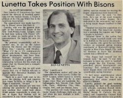 Lunetta Takes Position With Bisons. <em>Post-Journal</em> (Jamestown), October 1984. Lunetta Takes Position With Bisons. October 1984.
