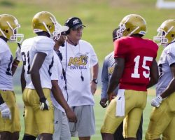 Alabama State offensive coordinator Mark Orlando directs his team. October 2015. Alabama State offensive coordinator Mark Orlando directs his team. October 2015.