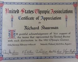 U.S. Olympic Association, Certificate of Appreciation, 1952. U.S. Olympic Association, Certificate of Appreciation, 1952.