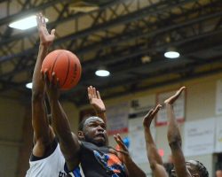 Maceo Wofford with Jamestown Jackals. Photo by Scott Reagle. <em>Post-Journal</em> (Jamestown), April 10, 2018. Maceo Wofford with Jamestown Jackals, 2018.