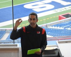 Jay Sirianni, as Section VI football chairman, conducting Media Day for sectional finals at Highmark Stadium on November 7, 2023. Media-Day-11-7-23