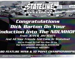 2020 National Dirt Late Model Hall of Fame program ad congratulating Dick Barton. NDLMHOF ad