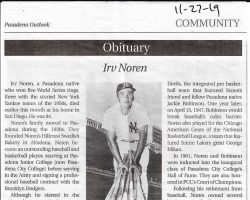 Obituary for Irv Noren. <em>Pasadena Outlook</em>, November 27, 2019. Obituary for Irv Noren. <em>Pasadena Outlook</em>, November 27 2019.