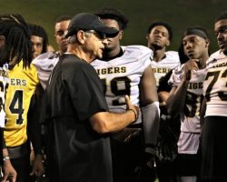 Grambling State offensive coordinator Mark Orlando talks with his players after a practice earlier this fall camp. Photo by Cory Diaz. August 2019. Grambling State offensive coordinator Mark Orlando. August 2019.