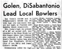 Golen, DiSabantonio Lead Local Bowlers. <em>Post-Journal</em> (Jamestown), January 22, 1964. Golen, DiSabantonio Lead Local Bowlers. January 22, 1964.