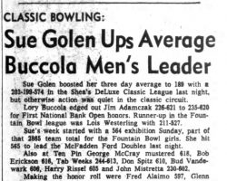 Sue Golen Ups Average Buccola Men's Leader. <em>Post-Journal</em> (Jamestown), January 6, 1965. Sue Golen Ups Average Buccola Men's Leader. January 6, 1965.