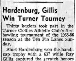 Hardenburg, Gillis Win Turner Tourney. <em>Post-Journal</em> (Jamestown), November 15, 1955. Hardenburg, Gillis Win Turner Tourney. November 15, 1955.