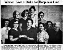 Women Bowl A Strike For Happiness Fund. <em>Post-Journal</em> (Jamestown), November 28, 1957. Women Bowl A Strike For Happiness Fund. November 28, 1957.