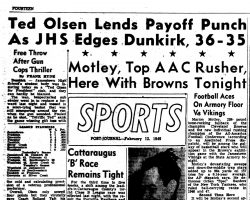 Ted Olsen Lends Payoff Punch As JHS Edges Dunkirk, 36-35. <em>Post-Journal</em> (Jamestown), February 12, 1949. Ted Olsen Lends Payoff Punch As JHS Edges Dunkirk, 36-35. February 12, 1949.