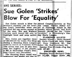 Sue Golen 'Strikes' Blow For 'Equality'. <em>Post-Journal</em> (Jamestown), February 14, 1966. Sue Golen 'Strikes' Blow For 'Equality'. February 14, 1966.