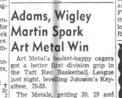Adams, Wigley, Martin Spark Art Metal Win. <em>Post-Journal</em> (Jamestown), February 20, 1959. Adams, Wigley, Martin Spark Art Metal Win. February 20, 1959.