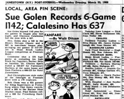 Sue Golen Records 6-Game 1142; Calalesino Has 637. <em>Post-Journal</em> (Jamestown), March 23, 1966. Sue Golen Records 6-Game 1142; Calalesino Has 637. March 23, 1966.