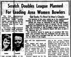Scratch Doubles League Planned For Leading Area Women Bowlers. <em>Post-Journal</em> (Jamestown), August 13, 1964. Scratch Doubles League Planned For Leading Area Women Bowlers. August 13, 1964.