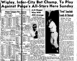 Wigley, Inter-City Bat Champ, To Play Against Paige's All-Stars Here Sunday. <em>Post-Journal</em> (Jamestown), August 15, 1959. Wigley, Inter-City Bat Champ, To Play Against Paige's All-Stars Here Sunday. August 15, 1959.