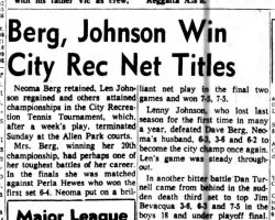 Berg, Johnson Win City Rec Net Titles. <em>Post-Journal</em> (Jamestown), August 20, 1962. Berg, Johnson Win City Rec Net Titles. 8-20-62