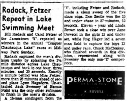 Radack, Fetzer Repeat in Lake Swimming Meet. <em>Post-Journal</em> (Jamestown), August 25, 1954. Radack, Fetzer Repeat in Lake Swimming Meet. August 25, 1954.
