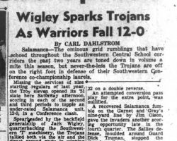 Wigley Sparks Trojans As Warrior Fall 12-0. <em>Post-Journal</em> (Jamestown), September 24, 1951. Wigley Sparks Trojans As Warrior Fall 12-0. September 24, 1951.