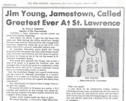 Jim Young, Jamestown, Called Greatest Ever at St. Lawrence. <em>Post-Journal</em> (Jamestown), March 4, 1976. Jim Young, Jamestown, Called Greatest Ever at St. Lawrence. March 4, 1976.