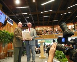 Ed Bowen presents Vincent Powers plaque to Randy Anderson at National Museum of Racing and Hall of Fame, 2015. Ed Bowen presents Vincent Powers plaque to Randy Anderson.