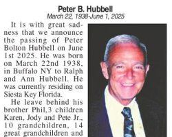 Peter B. Hubbell obiturary. <em>Post-Journal</em> (Jamestown), June 20, 2025. Peter B. Hubbell obiturary. June 20, 2025.