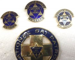 Various service pins awarded to Ramsay Riddell by National Ski Patrol.