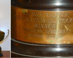 The trophy Bill Rexford received for winning the NASCAR race at Canfield, Ohio on May 30, 1950. Bill was driving car #60, a 1950 Olds 88 owned by Julian Buesink. Bill and Julian went on to win the NASCAR championship that year.
Photo courtesy of Rusty Buesink. The trophy Bill Rexford received for winning the NASCAR race at Canfield, Ohio on May 30, 1950. Bill was driving car #60, a 1950 Olds 88 owned by Julian Buesink.