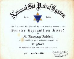 National Ski Patrol System award, 1982.