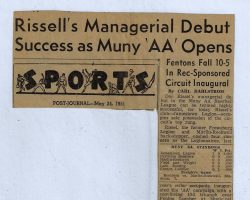 Rissel's Managerial Debut Success as Muny 'AA' Opens. <em>Post-Journal</em>(Jamestown), May 24, 1951. Rissel's Managerial Debut Success as Muny 'AA' Opens. 1951