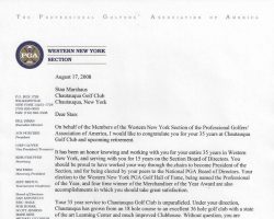 PGA of WNY retirement letter. August 17, 2008. 8/08