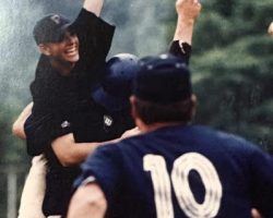 Frewsburg coach Bob Schmitt #10 running to congratulate pitcher Mike Sheesley after he (Sheesley) threw a no-hitter to earn Frewsburg the New York State Class D baseball championship in June 1996. Frewsburg coach Bob Schmitt #10 running to congratulate pitcher Mike Sheesley after he (Sheesley) threw a no-hitter to earn Frewsburg the New York State Class D baseball championship in June 1996.