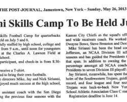 Sirianni Skills Camp to Be Held July 5-6. <em>Post-Journal</em> (Jamestown), May 26, 2013. Sirianni Skills Camp to Be Held July 5-6. May 26, 2013.